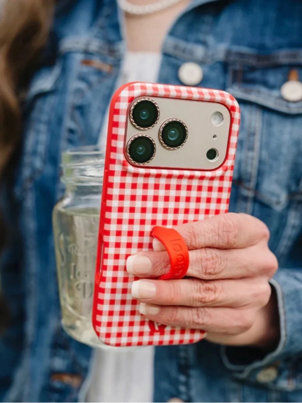 Loopy iPhone 16 Plus Red and White Checked + Holiday Bows Loop